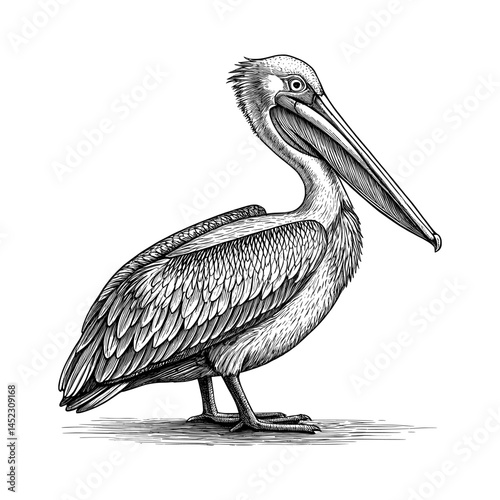Detailed Vintage Vector Illustration of a Pelican Standing