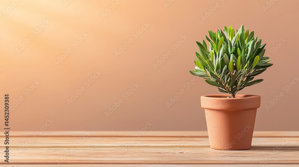Fototapeta premium Olive Tree in Terracotta Pot on Wooden Surface with Muted Earth Tone Background