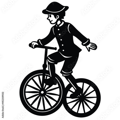 Vintage Penny Farthing Bicycle Rider Black and White Vector Illustration