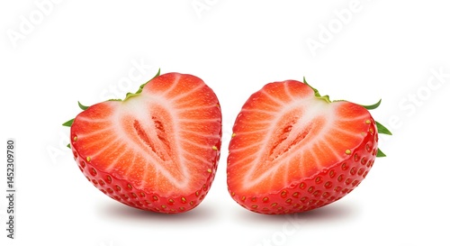 Strawberry halves levitating, high-resolution white background