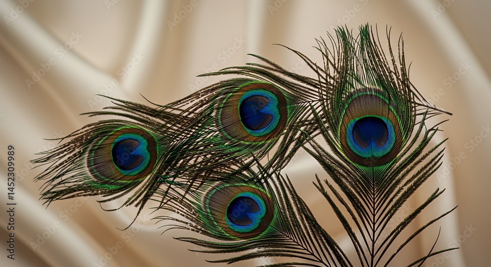 Obraz premium Five Peacock Feathers Displayed on Cream Satin Fabric Close Up High Angle Still Life Composition for Decoration