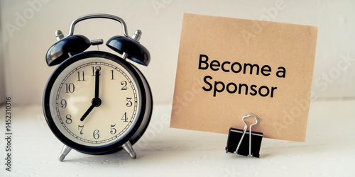 A vintage black alarm clock near 1010 sits beside a clipped beige note reading 'BECOME A SPONSOR,' urging timely sponsorship action.