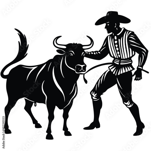 Bullfighting Silhouette Vector: Matador Facing Bull in Traditional Spanish Style