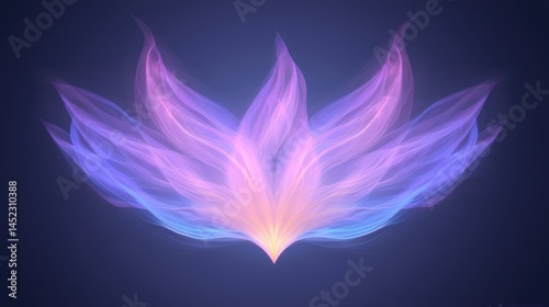 A mesmerizing digital artwork of a glowing lotus flower emanating vibrant shades of blue and purple, symbolizing peace, purity, and spiritual awakening in a tranquil background.