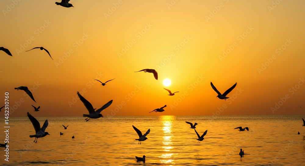 Fototapeta premium Flock of Seagulls Soars Against Golden Sunset Over Shimmering Ocean Wide Angle View Painterly Style with Vibrant Hues and Dynamic Movement Perfect for Earth Day and World Ocean Day