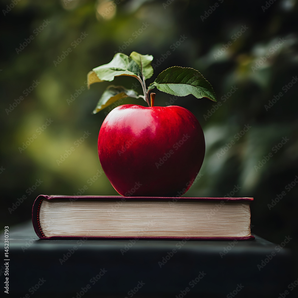 Red apple resting on closed book placed outdoors in soft daylight, surrounded by green foliage in background, symbolizing peaceful learning, natural simplicity, and seasonal reflection.