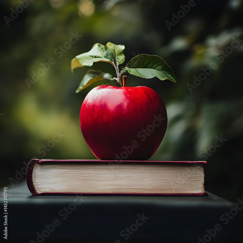 Obraz na płótnie Red apple resting on closed book placed outdoors in soft daylight, surrounded by green foliage in background, symbolizing peaceful learning, natural simplicity, and seasonal reflection. w salonie