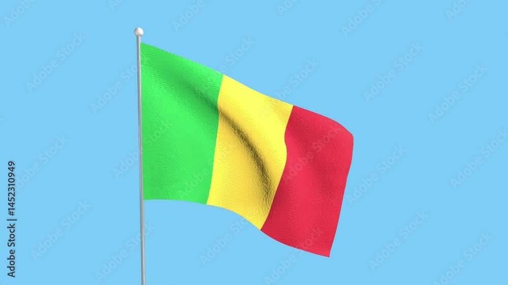 The national flag of Mali flutters in the blue sky.