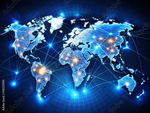 Global Network, Digital World Map, Illuminated Lines, Glowing Dots, Financial Connections, Night Photography