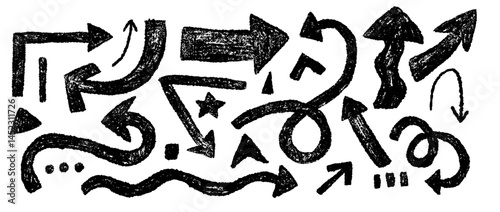 Abstract brush drawing textured grunge arrow. Set of hand drawn paint object. Design grunge chalk elements.