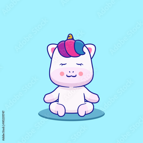 Vector illustration of cute cartoon unicorn doing yoga pose, Sukhasana. Animal and hobby icon concept Isolated. Babby unicorn in flat cartoon style.