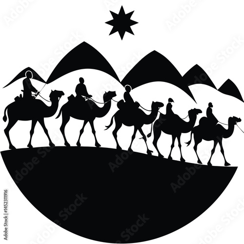 Three Kings Silhouette Following Star on Camels, Nativity Scene, Vector Art