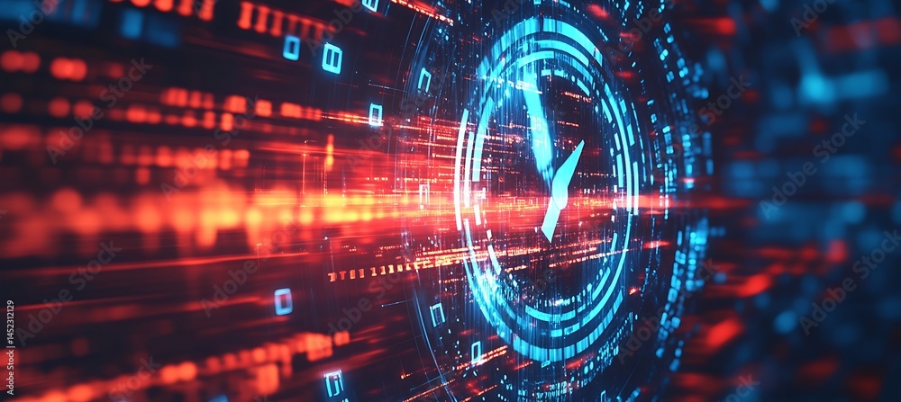 Obraz premium A Tech Banner with Binary Streams Creating an Illusion of an Analog Clock in the Background