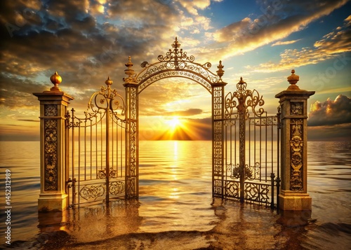 Golden Gates to Sunset Sea: Low Light Coastal Scene Stock Photo