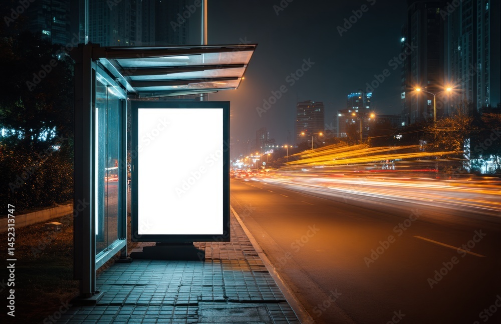 Showcase Advertisement Mockup at Bus Stop with Night Traffic, Urban Cityscapes and Modern Design Showcase Advertisement Mockup at Bus Stop with Night Traffic, Urban Cityscapes and Modern Design