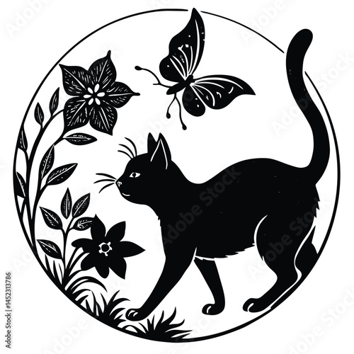 Black Cat Butterfly Floral Silhouette Illustration Round Vector Image Design