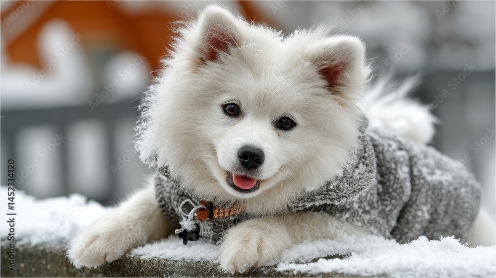 Naklejka premium Adorable fluffy white dog in cozy winter coat on snowy surface