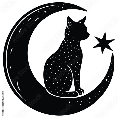 Black Cat Silhouette on Crescent Moon with Star, Celestial Mystical Vector Art