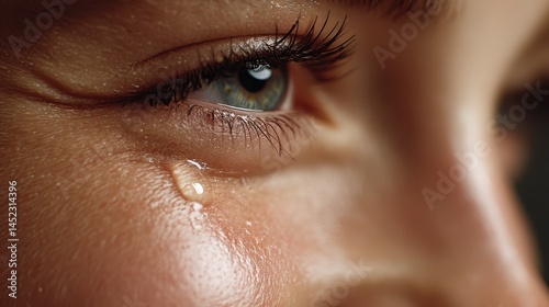A tear gracefully rolls down a smiling face, reflecting a blend of happiness and emotion. The close-up highlights the glistening eye and warm expression, radiating a sense of vulnerability