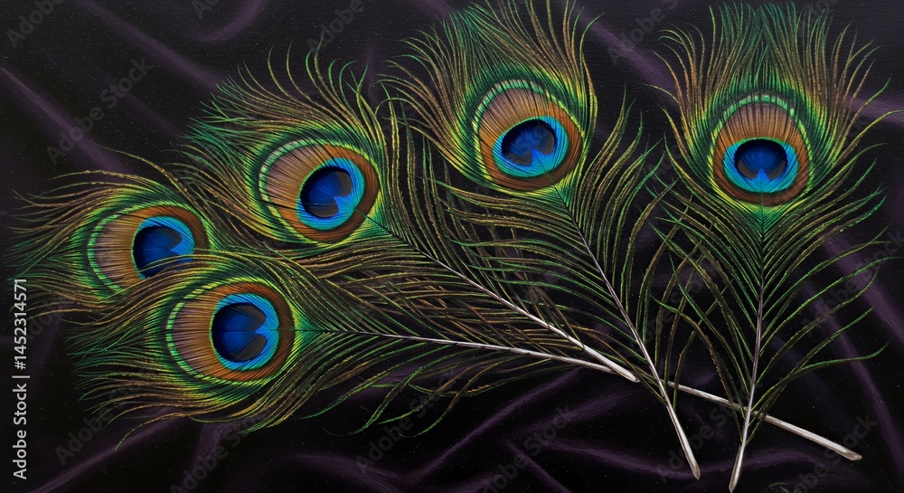 Obraz premium Iridescent Peacock Feathers Oil Painting on Dark Velvet Featuring Emerald Sapphire and Bronze Shimmering Perfect for Decoration and Symbolizing Beauty