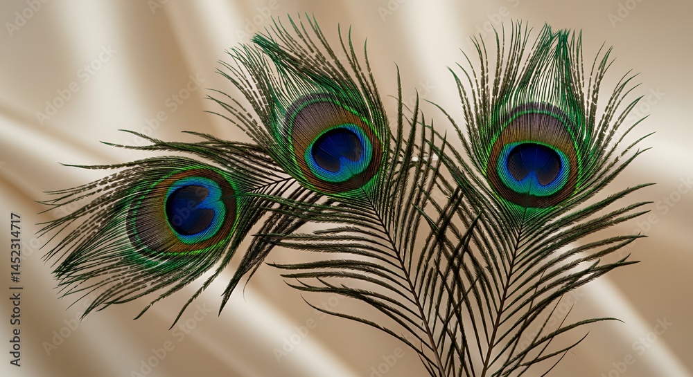 Obraz premium Iridescent Peacock Feathers on Cream Silk Background in Macro Photography Showing Detailed Plumage and Vibrant Colors Perfect for Decoration and Arts