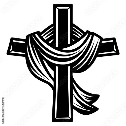 Cross Draped in Cloth Icon,A black and white vector icon featuring a cross draped in cloth, symbolizing faith and religious themes