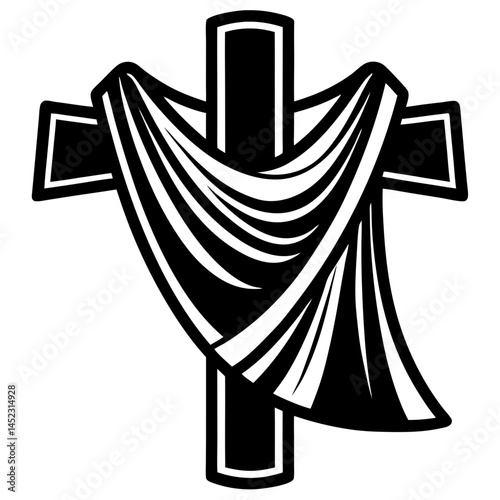 Cross Draped in Cloth Icon,A black and white vector icon featuring a cross draped in cloth, symbolizing faith and religious themes