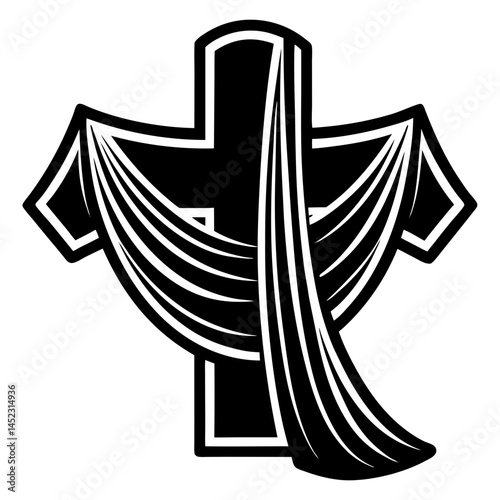 Cross Draped in Cloth Icon,A black and white vector icon featuring a cross draped in cloth, symbolizing faith and religious themes