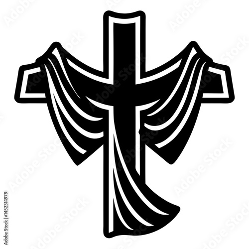 Cross Draped in Cloth Icon,A black and white vector icon featuring a cross draped in cloth, symbolizing faith and religious themes