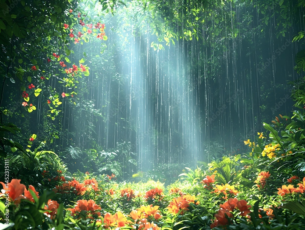 Naklejka premium A lush tropical rainforest with a cascading waterfall and vibrant flora