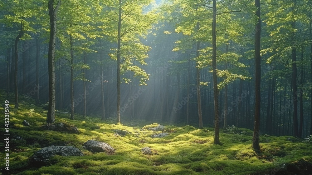 Fototapeta premium Sunbeams Illuminating a Mossy Forest Floor