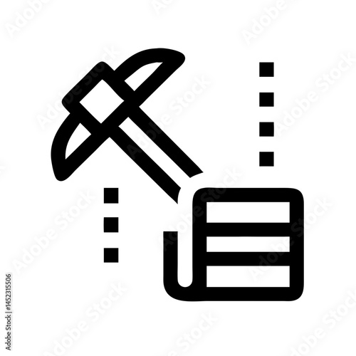 Data Mining Icon with Server Stack and Pickaxe,A black outline icon illustrating data mining with a pickaxe and server stack, ideal for technology and data-related designs