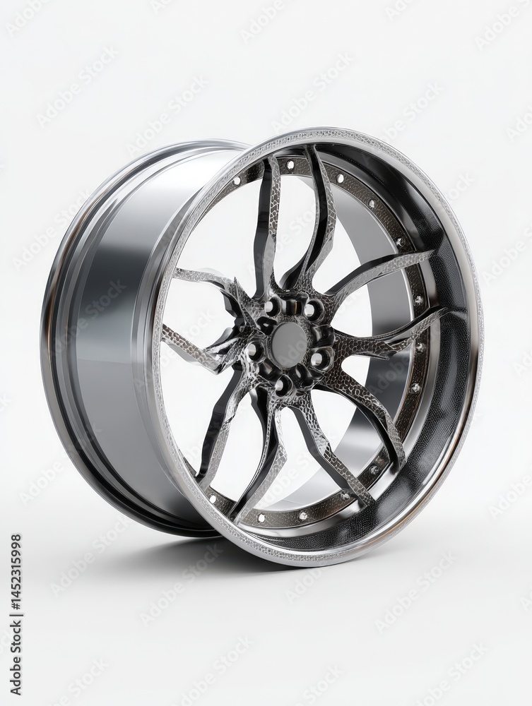 Obraz premium High-quality chrome alloy wheel showcasing intricate design against a neutral backdrop