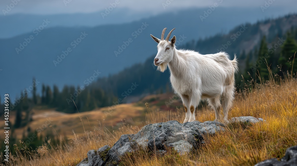 Obraz premium A white goat proudly stands on a rock, surveying its mountainous pasture. The landscape features rolling hills and distant trees, with a cloudy sky enhancing the peaceful atmosphere