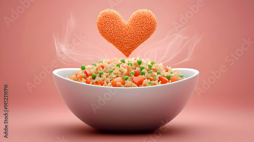 Steaming fried rice with vegetables and love-shaped garnish on pink backdrop photo