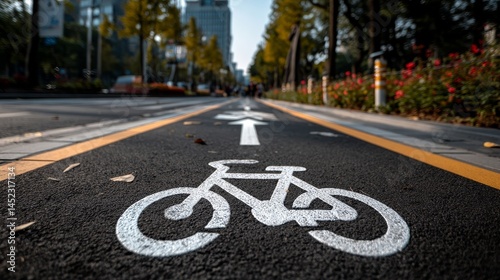 Wallpaper Mural Bicycle Lane Marking on Urban Street Surrounded by Trees and Flowers Torontodigital.ca