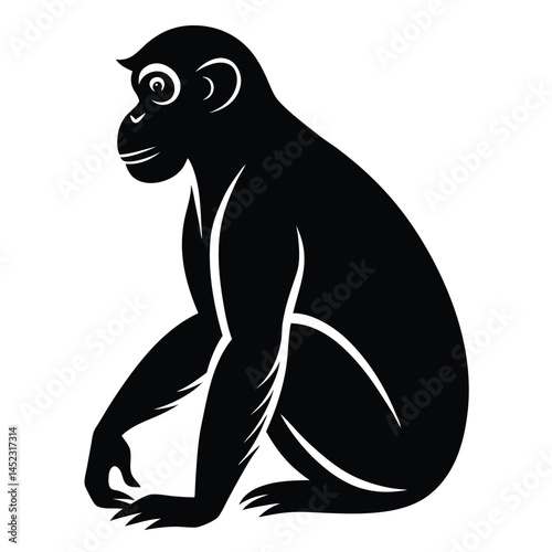 Silhouette vector of a monkey sitting, depicting a chimpanzee primate in black and white