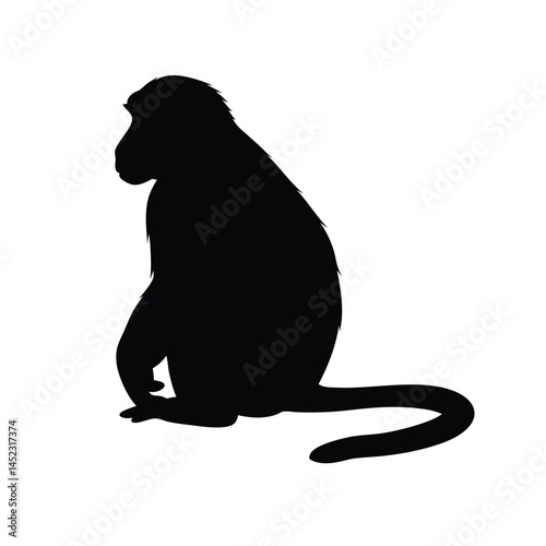 Silhouette vector of a monkey sitting, depicting a chimpanzee primate in black and white