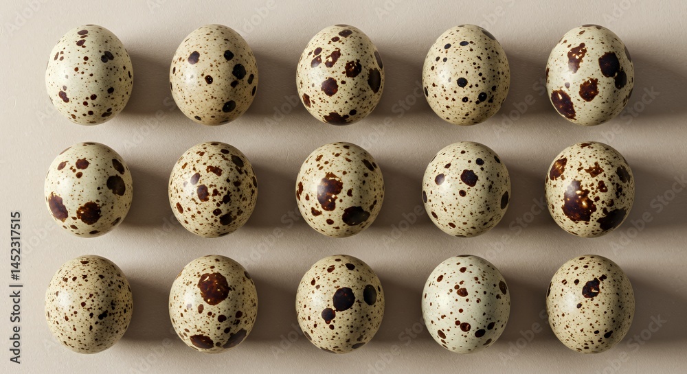 Overhead Array of Speckled Quail Eggs in Grid Format Displaying Umber and Sienna Patterns on Textured Cream Paper Surface Perfect for Decoration Overhead Array of Speckled Quail Eggs in Grid Format Displaying Umber and Sienna Patterns on Textured Cream Paper Surface Perfect for Decoration