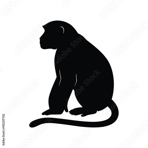 Silhouette vector of a monkey sitting, depicting a chimpanzee primate in black and white