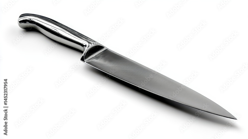 Fototapeta premium This stainless steel kitchen knife exhibits a sharp, polished blade and a comfortable handle. Ideal for cutting and chopping, it emphasizes quality and functionality in any culinary setting