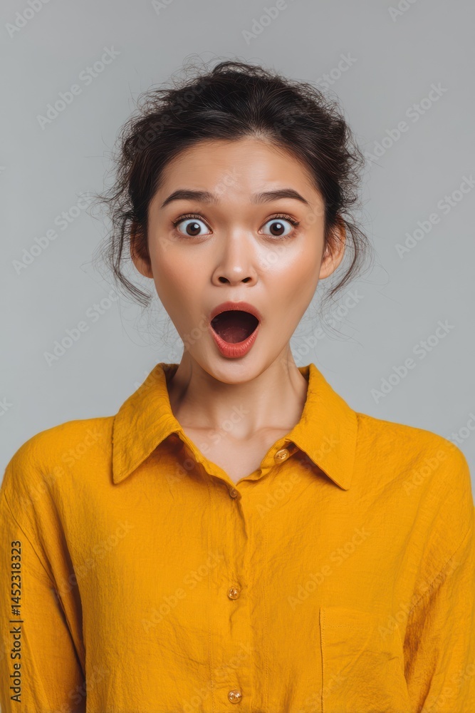 Surprised Young Woman Expressing Shock with Open Mouth and Wide Eyes Surprised Young Woman Expressing Shock with Open Mouth and Wide Eyes