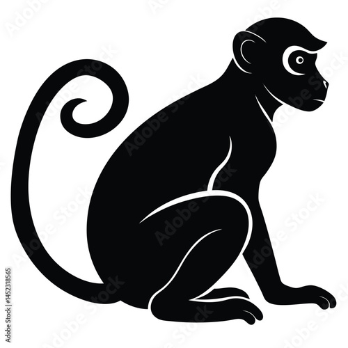 Silhouette vector of a monkey sitting, depicting a chimpanzee primate in black and white