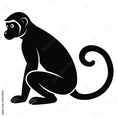 Silhouette vector of a monkey sitting, depicting a chimpanzee primate in black and white
