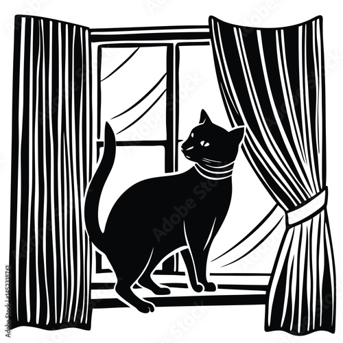 Black Cat Silhouette in Window with Curtains - Vintage Woodcut Style Illustration
