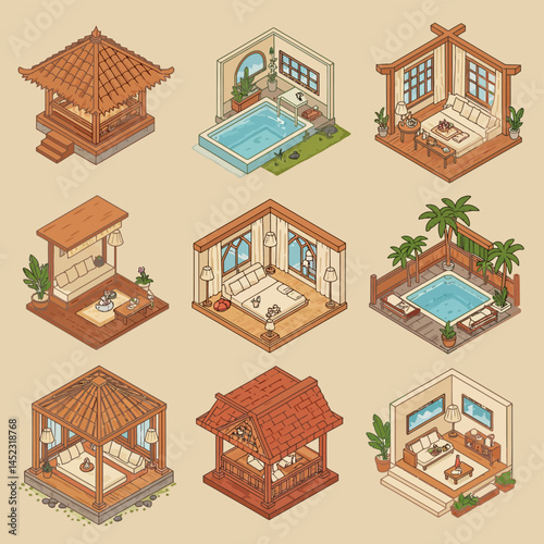 Isometric Interior Design  Spa Set Illustration.