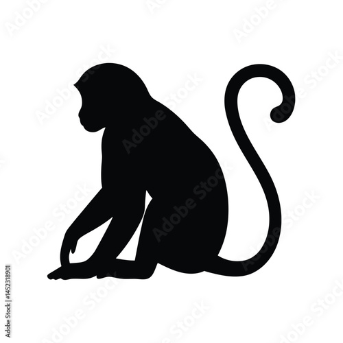 Silhouette vector of a monkey sitting, depicting a chimpanzee primate in black and white