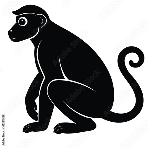 Silhouette vector of a monkey sitting, depicting a chimpanzee primate in black and white