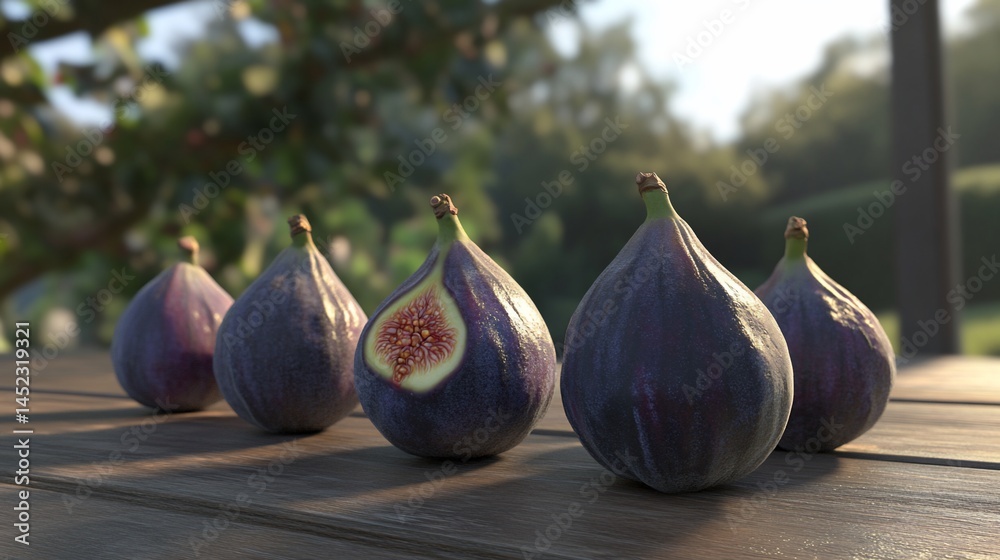 Fototapeta premium Five Ripe Figs on Wooden Table, Natural Light