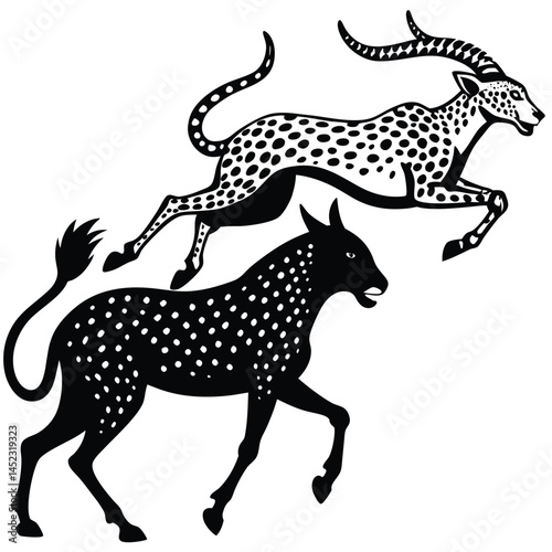 Vintage Illustration of Spotted Antelopes Running in Black and White Style
